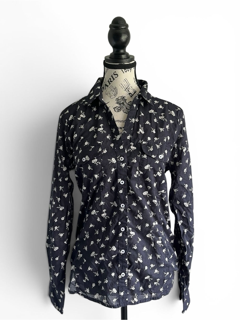 Part Two Organic Cotton Navy Blue Floral Button Up Shirt Cottagecore Danish